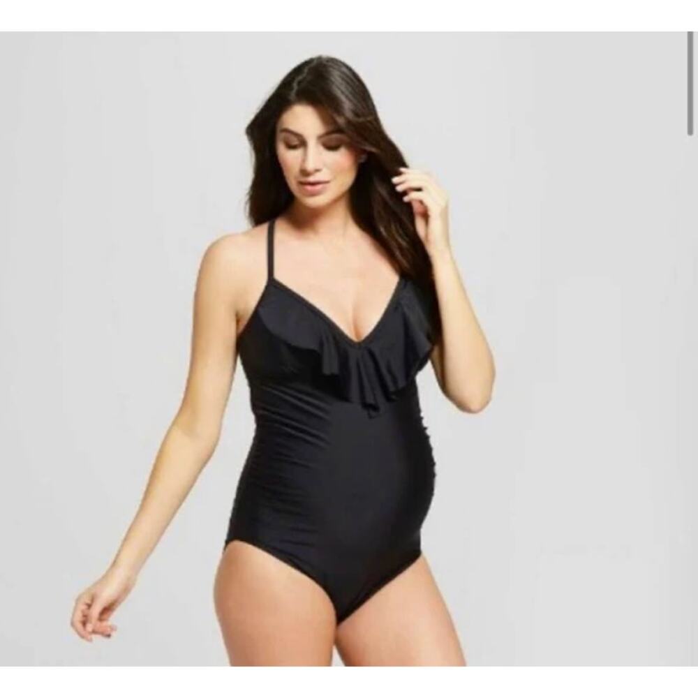 Isabel Maternity Black Ruffle Top Bathing Suit Sz Large